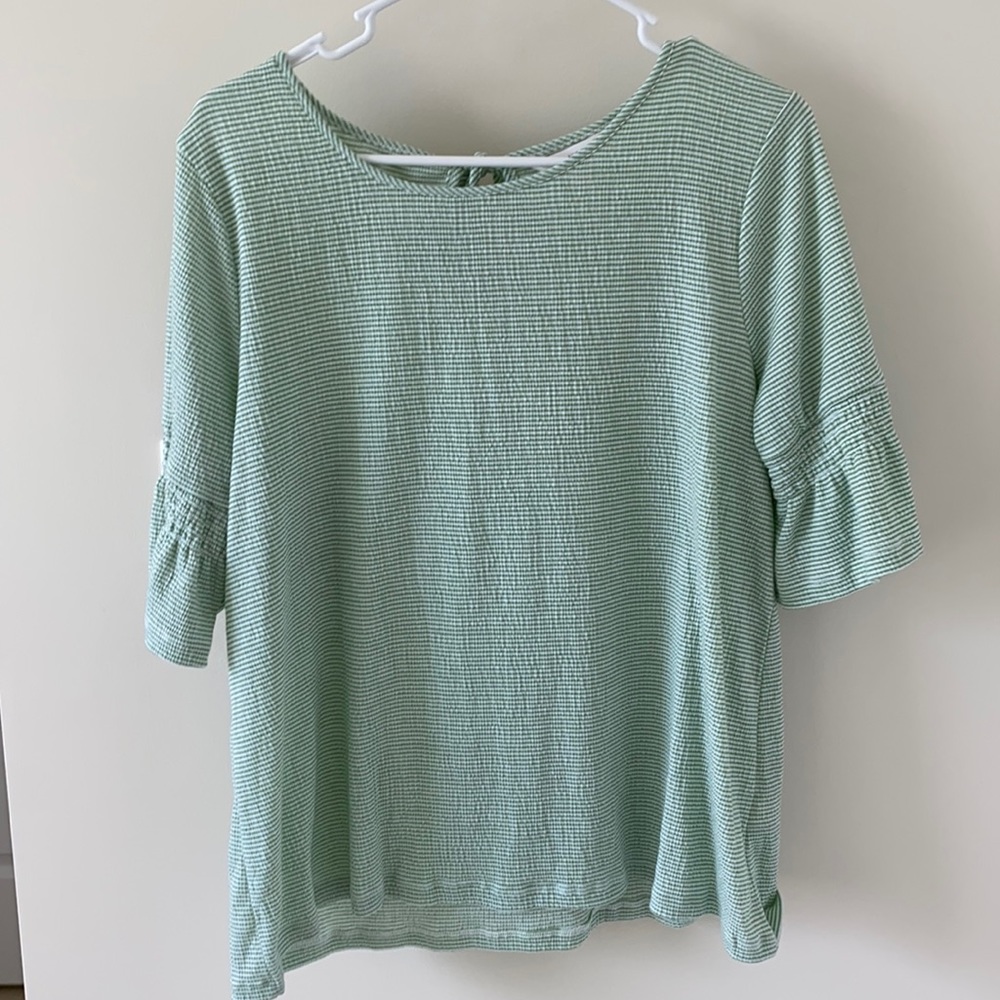 Green Stripe Top with Ruffle Sleeve